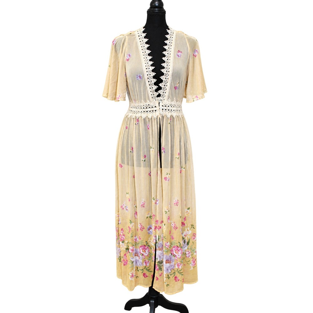 Floral Mesh Lace Trim Duster Cardigan Women Large Yellow Cottagecore Festival
